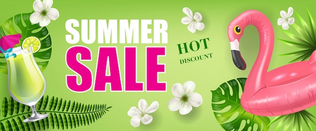 Summer sale hot discount banner with palm leaves and flowers, cold drink and toy flamingo