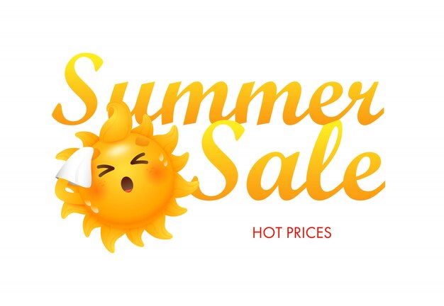 Summer sale, hot prices lettering with sun cartoon character