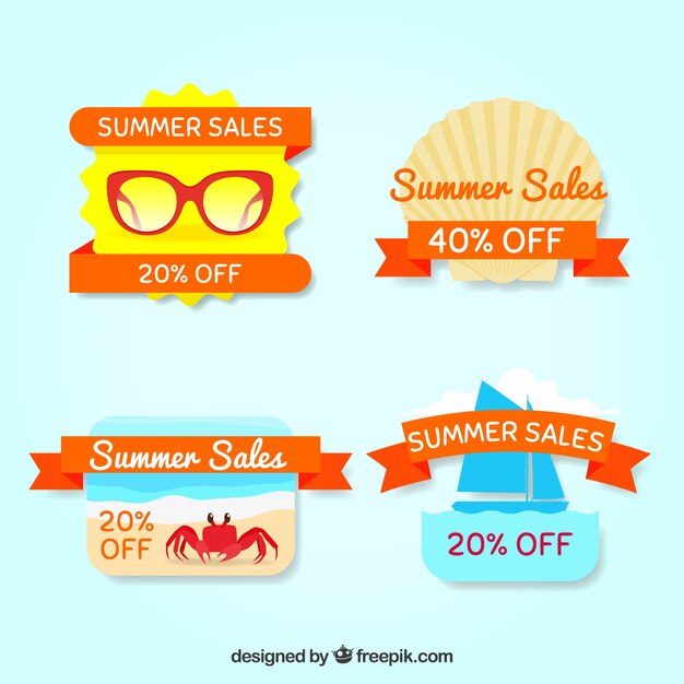 Summer sale labels with decorative orange ribbons