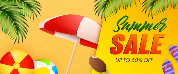 Summer Sale lettering, beach balls, umbrella and ice-cream