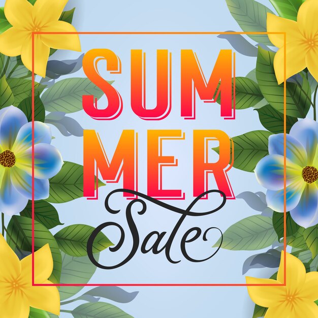 Summer sale lettering. Bright inscription in frame with colorful flowers.
