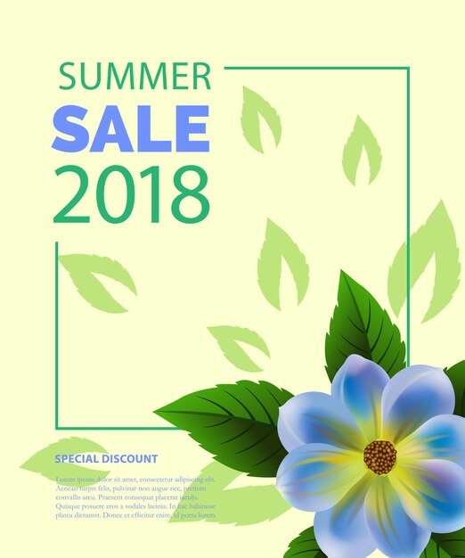 Summer sale lettering in frame with blue flower. Summer offer or sale advertising 