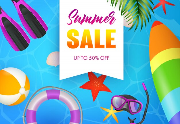 Summer Sale lettering, scuba mask, flippers and surfboard