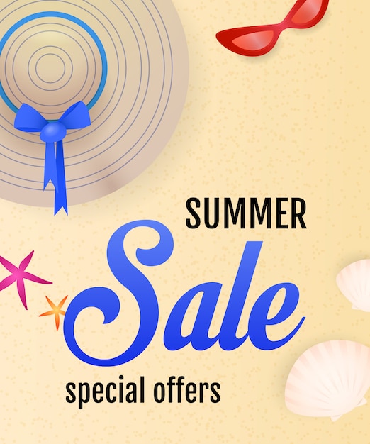Summer sale lettering with beach, seashells, hat and sunglasses