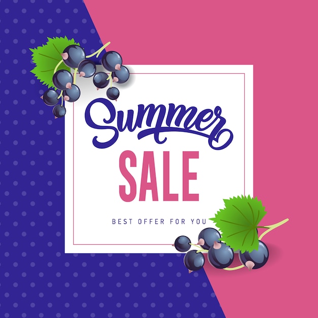 Summer sale lettering with black currants. summer offer or sale\
advertising