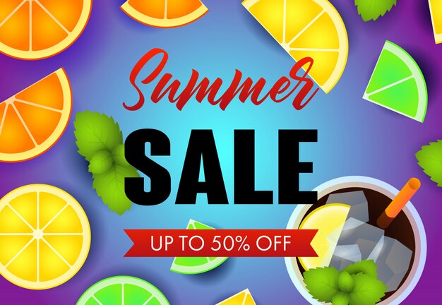 Summer sale lettering with fruit slices and mojito cocktail