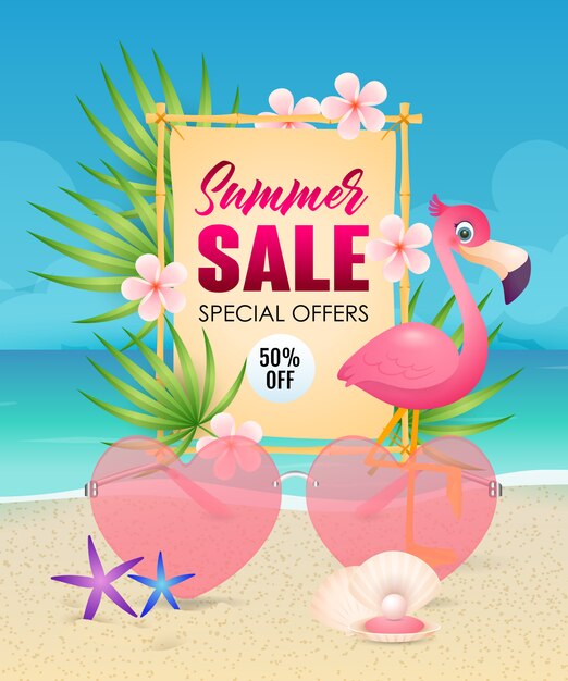 Summer Sale lettering with heart shaped sunglasses and flamingo