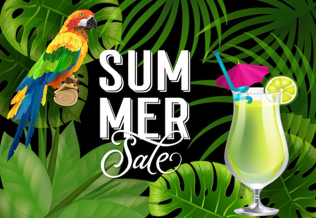 Summer sale lettering with parrot and cocktail. Summer offer or sale advertising