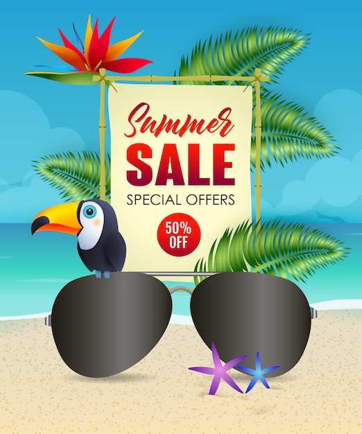 Summer sale lettering with sunglasses and toucan