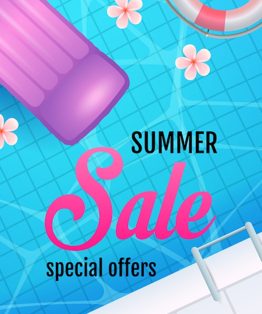 Summer sale lettering with swimming pool water and air mattress