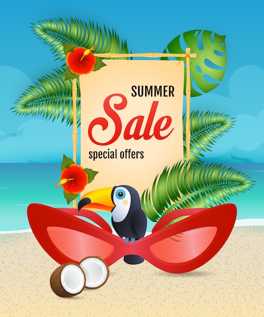 Summer sale lettering with woman sunglasses and toucan