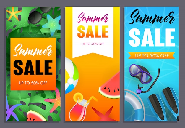 Summer sale letterings set, diving equipment and watermelon