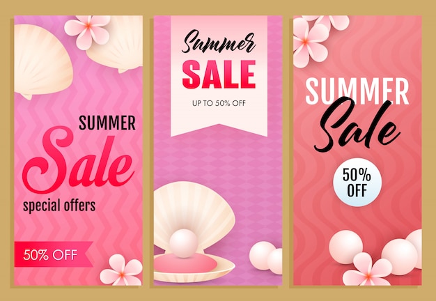 Summer sale letterings set, sea shells, pearls and flowers