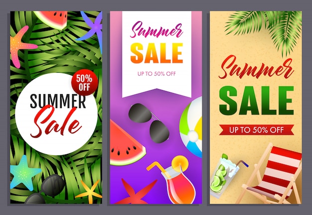 Free vector summer sale letterings set, tropical plants, chaise longue