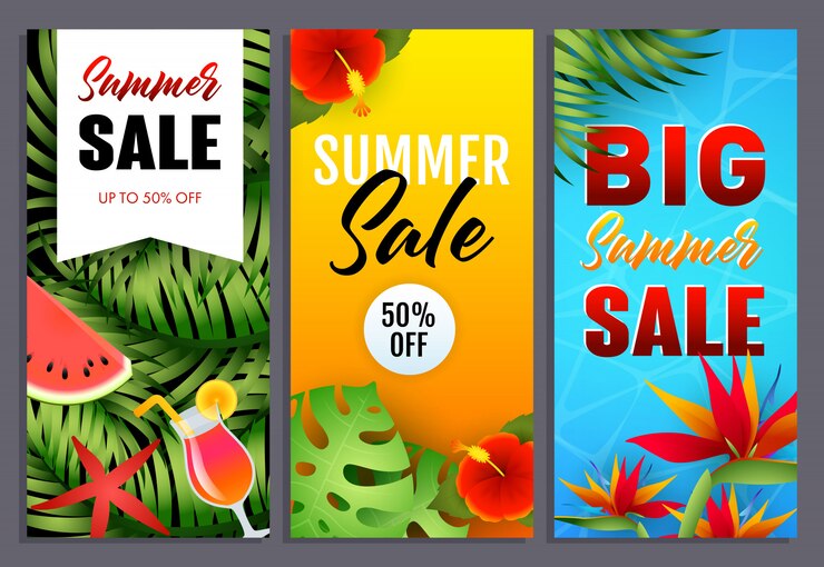 Free Vector summer sale letterings set with tropical leaves and flowers