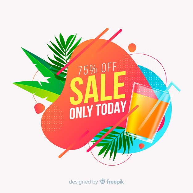 Summer sale liquid shapes and tropical leaves background