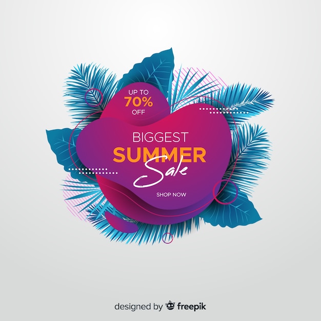 Summer sale liquid shapes and tropical leaves background