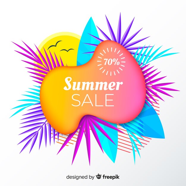 Summer sale liquid shapes and tropical leaves background