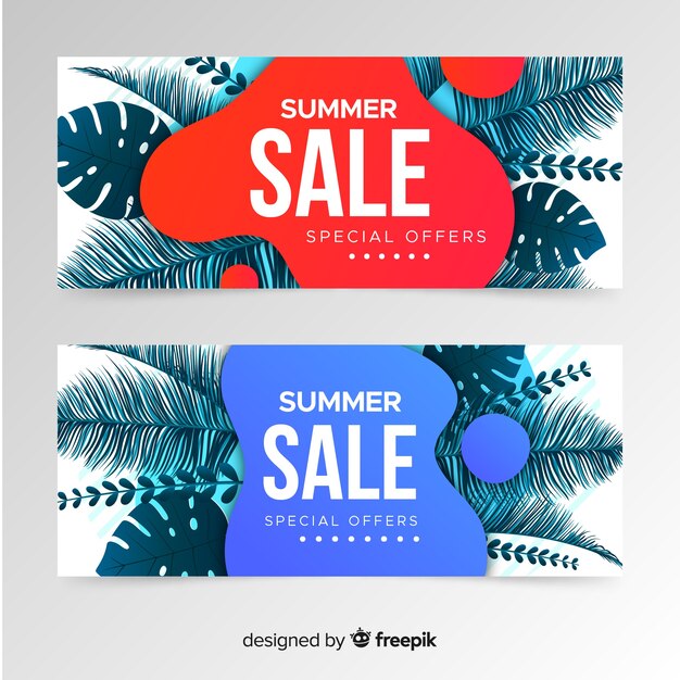 Summer sale liquid shapes and tropical leaves banner