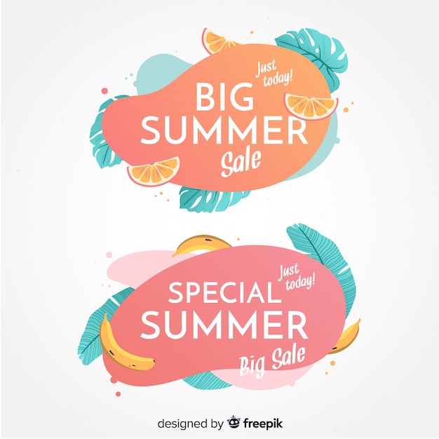 Summer sale liquid shapes and tropical leaves banner