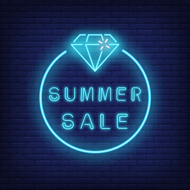 Summer neon testo vendita e diamante in cerchio. offerta stagionale o pubblicità di vendita