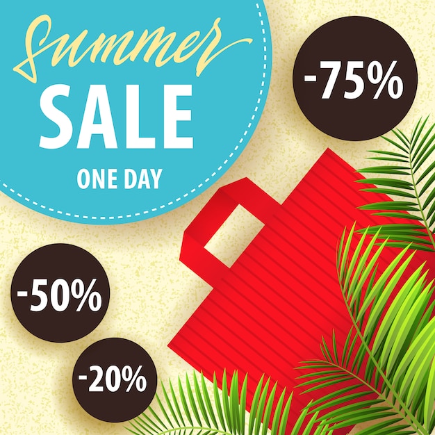 Summer sale, one day flyer with tropical leaves, red shopping bag and discount stickers