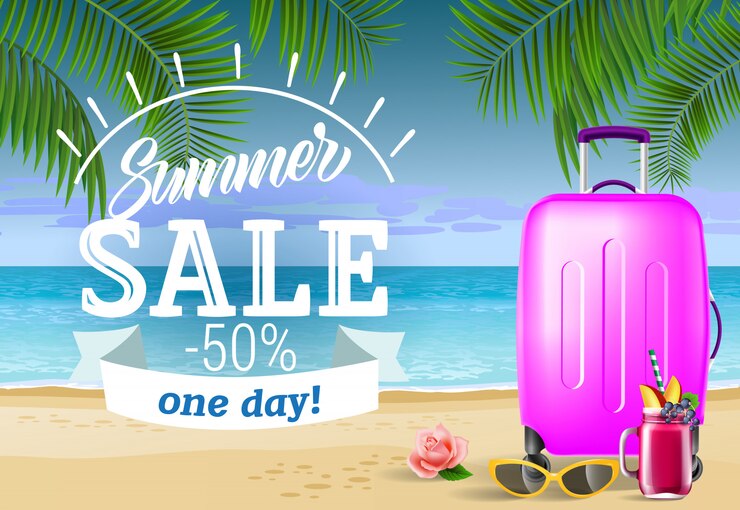 Free Vector summer sale, one day lettering with sea beach and suitcase. summer offer