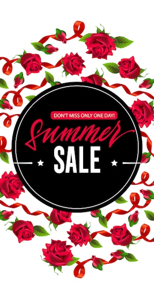 Summer sale, only one day banner with red ribbons and roses.