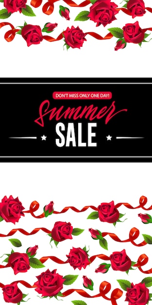 Summer sale only one day vertical banner with red ribbons and roses.