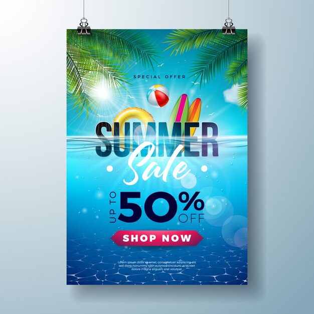 해변 휴가 요소와 이국적인 잎 여름 판매 포스터 디자인 서식 파일