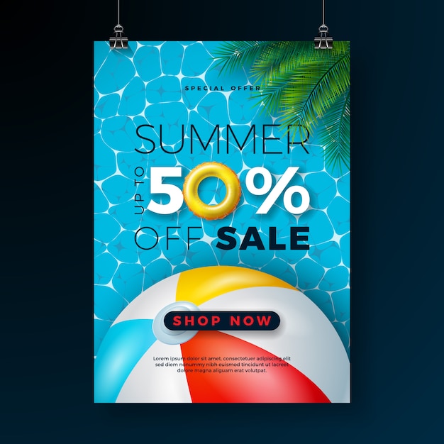 Free vector summer sale poster design template with float and beach ball