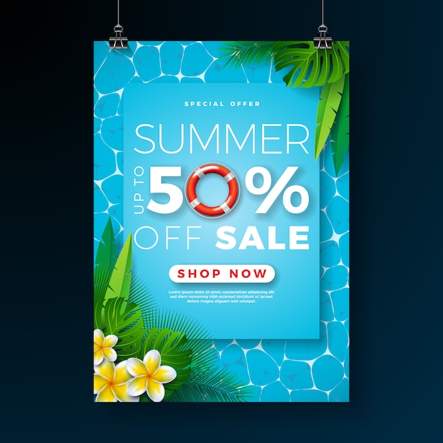 Летняя распродажа постер шаблон с цветком и пальмовых листьев на фоне бассейна