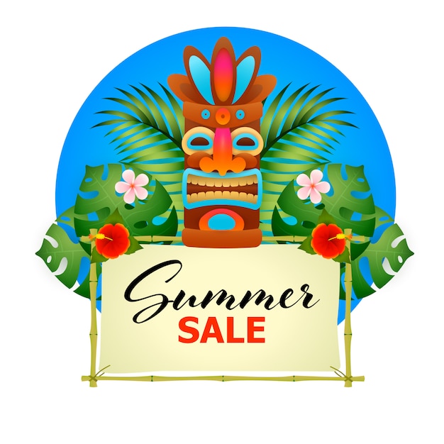 Free vector summer sale poster. tiki tribal wooden mask