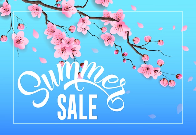 Summer sale seasonal advertising with sakura twig on sky blue background.