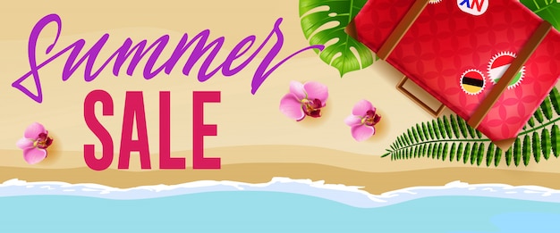 Summer sale seasonal banner with flowers, travel bag and beach.