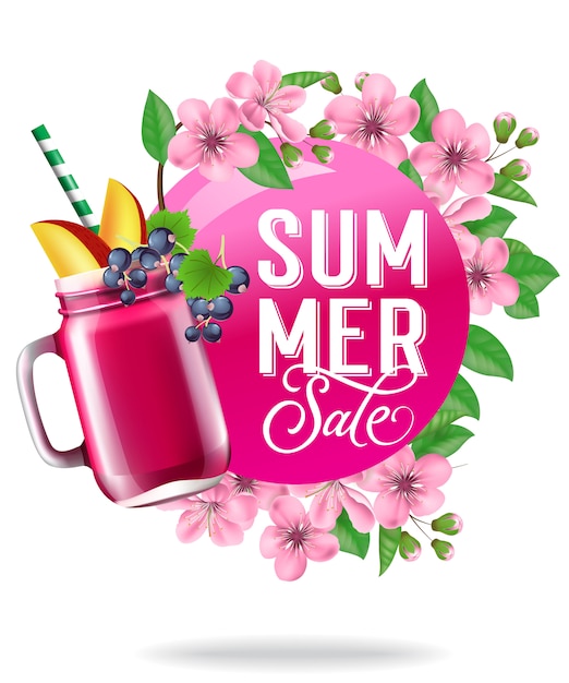 Summer sale seasonal poster with flowers, leaves and fruit drink. 