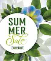 Free vector summer sale shop now lettering. season inscription with blue flower and leaves.