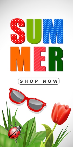 Free vector summer sale shop now lettering with sunglasses and tulip.