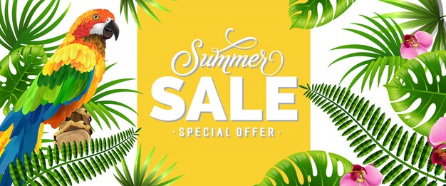 Summer sale, special offer banner with palm leaves, tropical flowers and parrot.