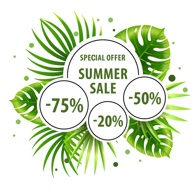 Summer sale, special offer green poster with palm leaves and discount stickers.