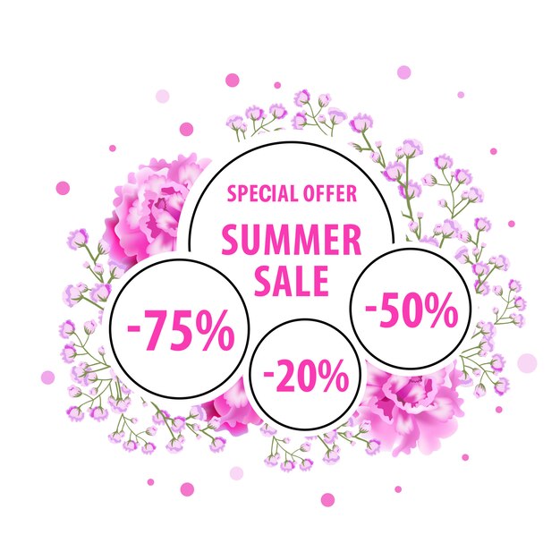 여름 세일, 분홍색 꽃, 점 및 할인 스티커가있는 특별 할인 상품 라벨.