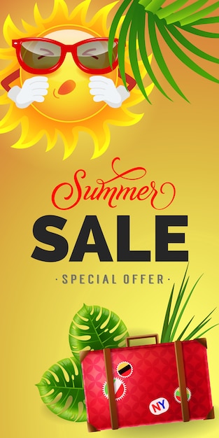 Summer sale offerta speciale lettering. iscrizione del consumismo con foglie tropicali