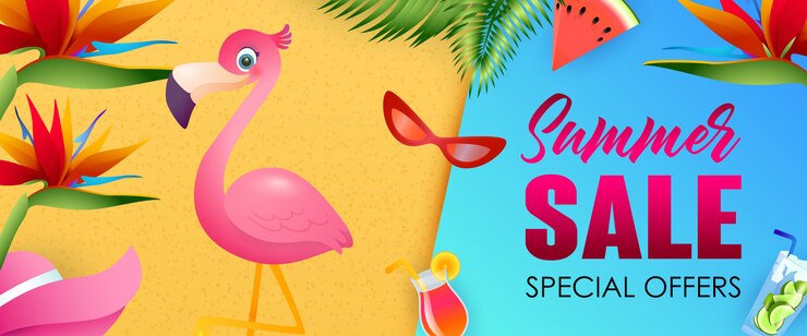 Free Vector summer sale, special offers lettering with cute flamingo