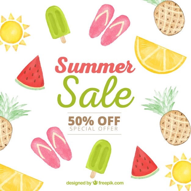 Summer sale template with food in watercolor texture