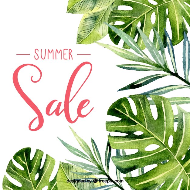 Summer sale template with plants in watercolor texture