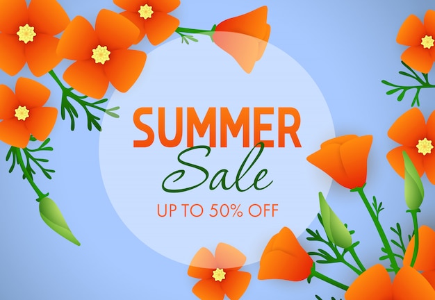 Summer sale, up to fifty percent off lettering with flowers