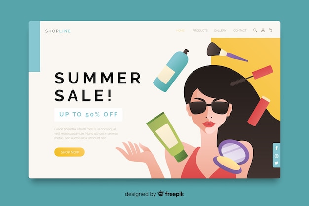 Summer sale with woman and products landing page