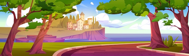 Free vector summer sea coast with italian village on cliff