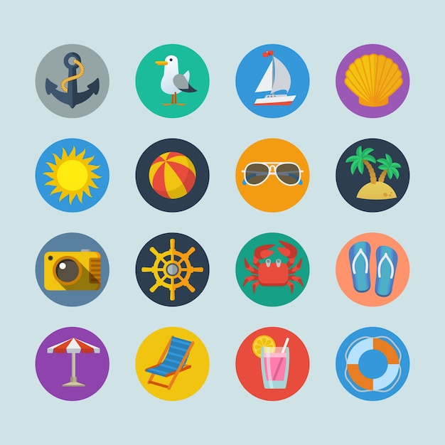 Summer sea holidays icons with anchor seagull yacht seashell sun ball palm isolated vector illustration