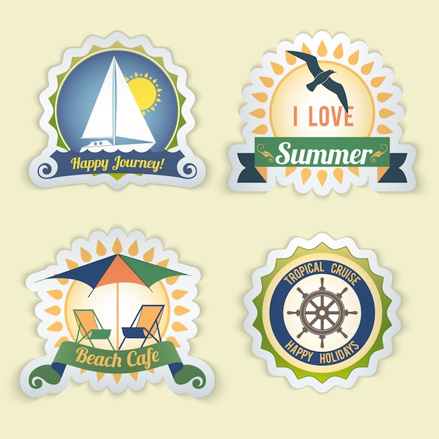 Free vector summer sea retro vacation happy journey beach cafe tropical cruise emblems set isolated vector illustration